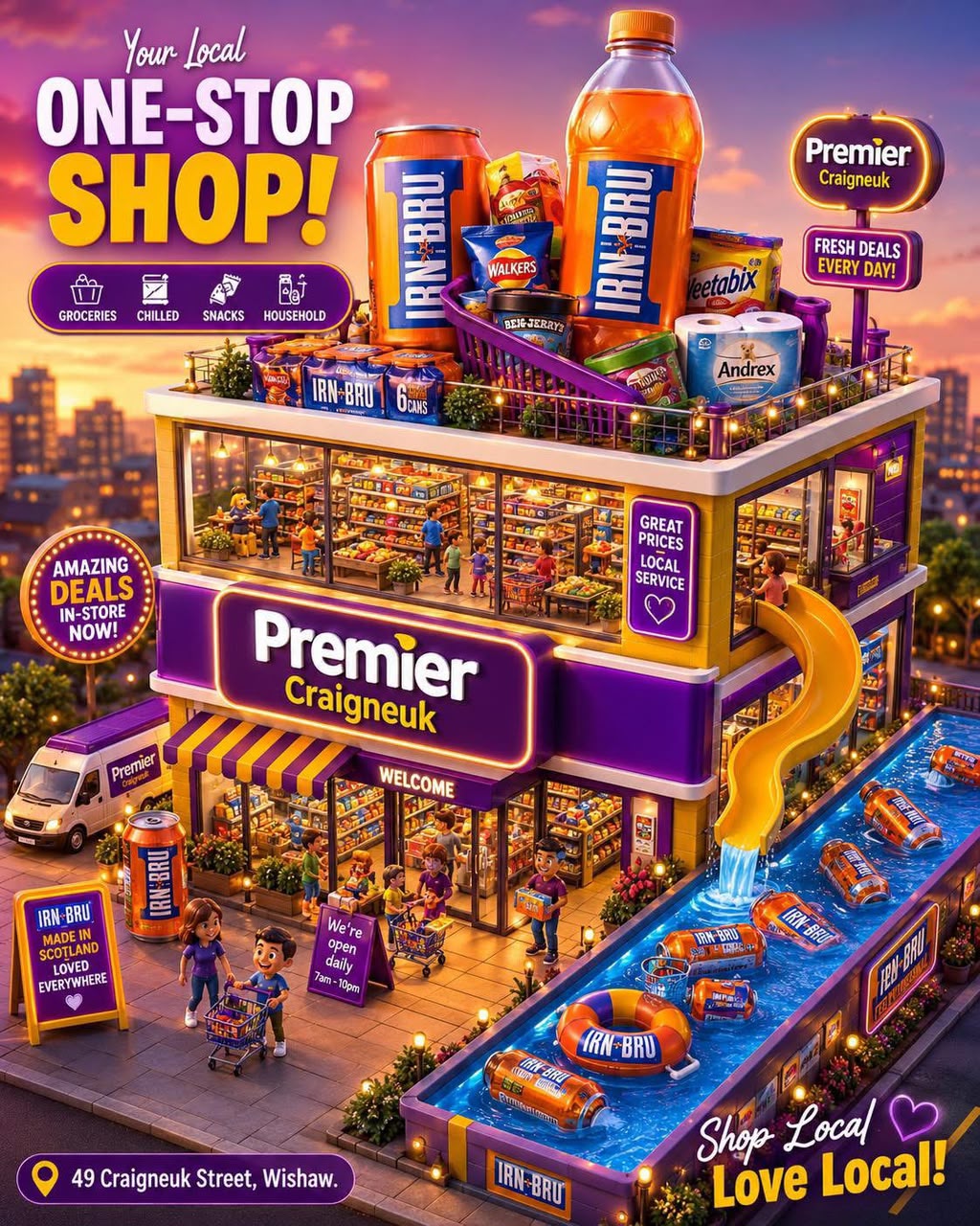 Premier Craigneuk one-stop shop promotion featuring IRN-BRU, groceries, snacks and household essentials